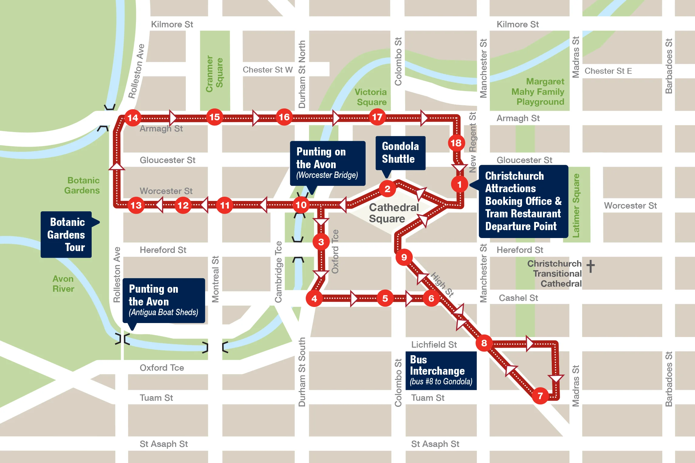 Tram map horizontal - March 2024 Christchurch tram route map